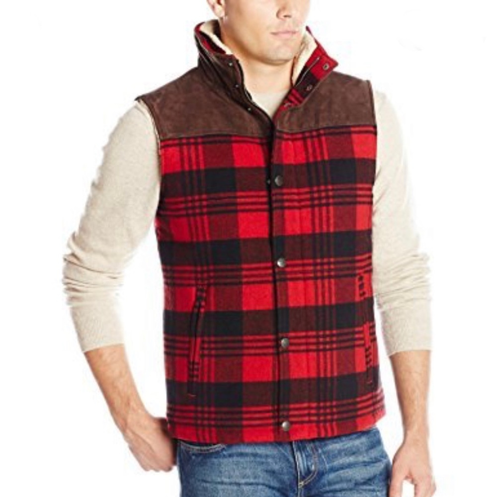 Men's Red Black Plaid Quilted Vest with Brown Suede Yoke